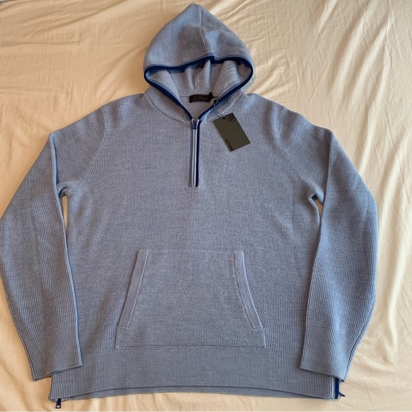 G/Fore Waffle Stitch Hooded Sweater Large Wool Womens Top Golf Ice Blue Soft NEW - Picture 3 of 13